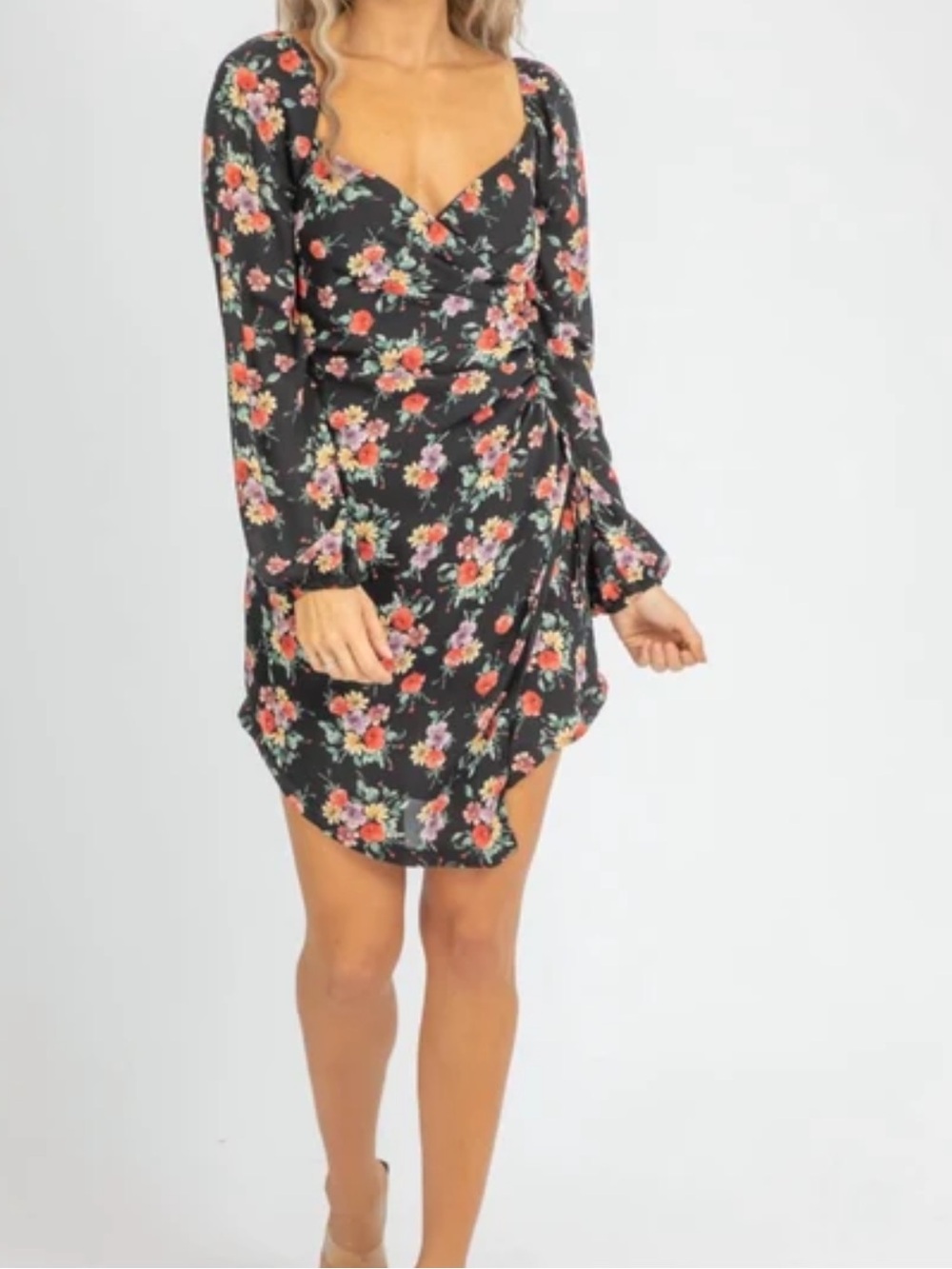 Dee Elly Black Floral Print Ruched Long Sleeve Asymmetrical Mini Dress Size S
